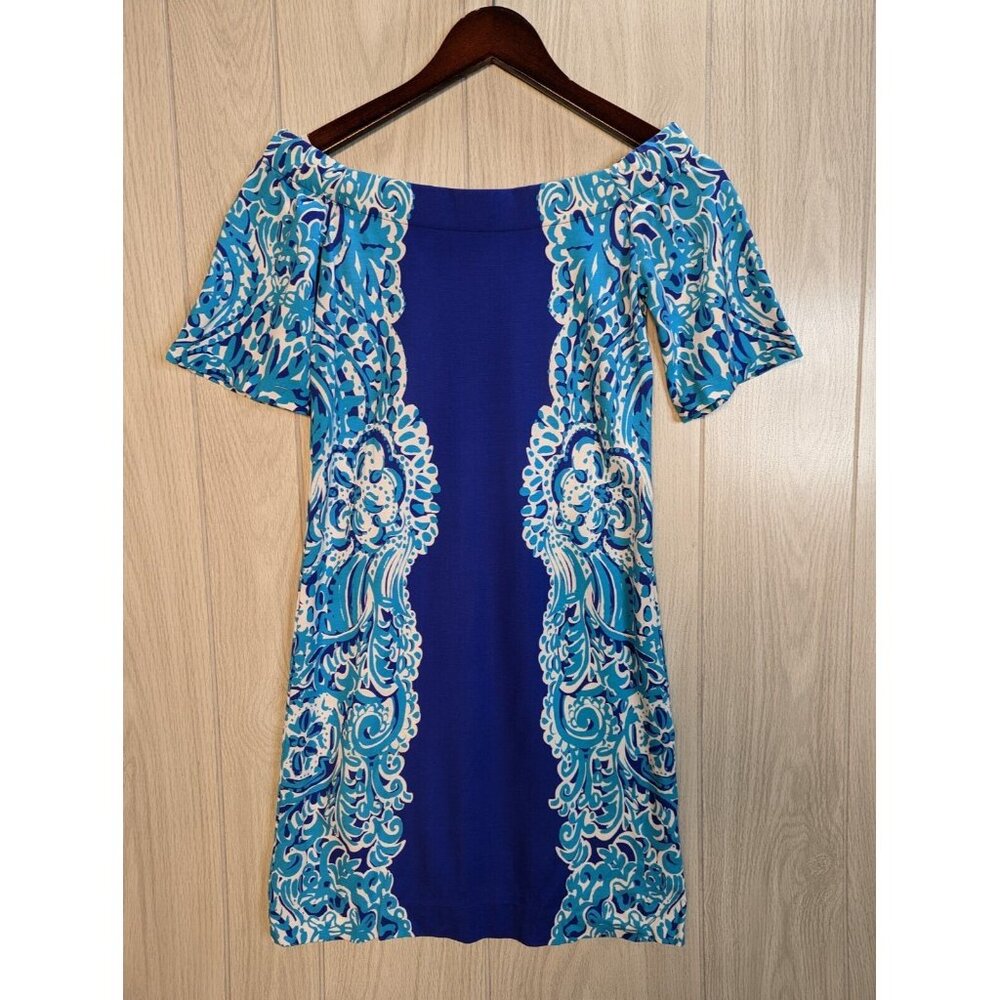 Lily Pulitzer Dress Shift Engineered print Sea Blue Size XXS Off the Shoulder